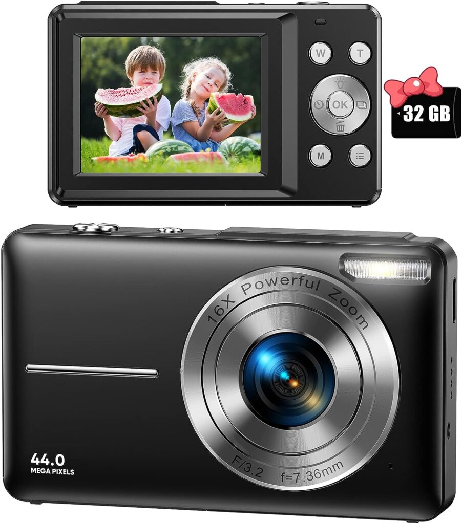 Best Point and Shoot Camera Under 100 Dollars -Digital Camera, FHD 1080P Digital Camera for Kids Video Camera with 32GB SD Card 16X Digital Zoom, Compact Point and Shoot Camera Portable Small Camera for Teens Students Boys Girls Seniors(Black)