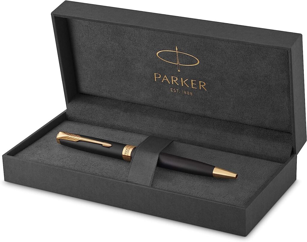 Luxury Pens Under $100 - Parker Sonnet Ballpoint Pen Matte Black Lacquer with Gold Trim Medium Point Black Ink Gift Box