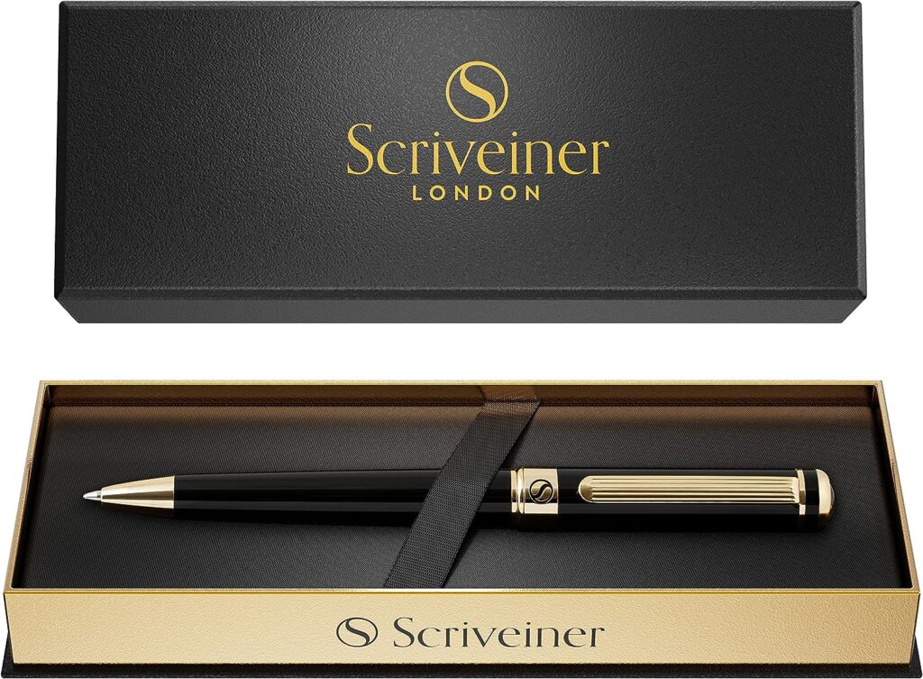 Scriveiner Black Lacquer Ballpoint Pen - Stunning Luxury Pen with 24K Gold Finish, Schmidt Black Refill, Best Ball Pen Gift Set for Men  Women, Professional Executive Office, Nice Fancy Designer Pens