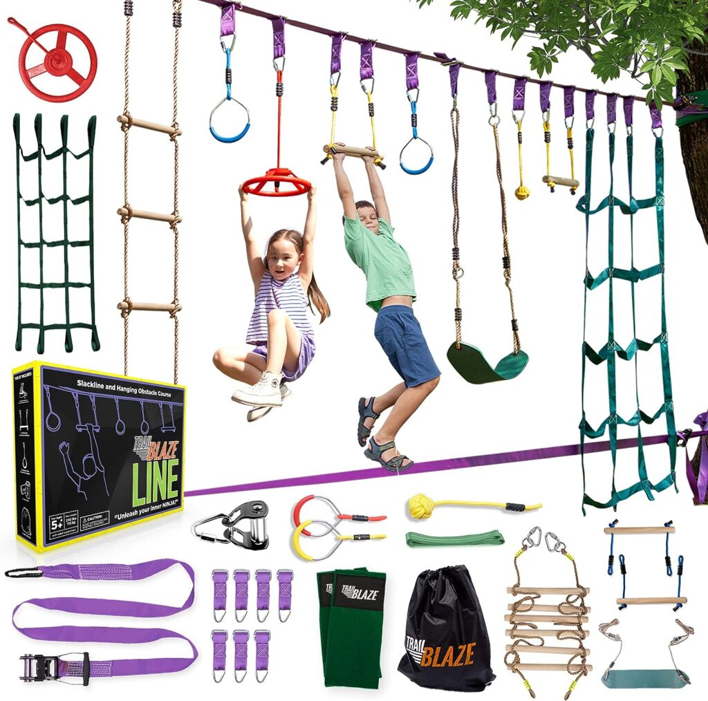 Trailblaze Ninja Warrior Obstacle Course for Kids - Ultimate Outdoor Fun 2x55 Ft Ninja Slackline Climbing Net Rope Ladder Trapeze Swing Monkey Bars - Durable and Safe Ninja Course for Kids Outside