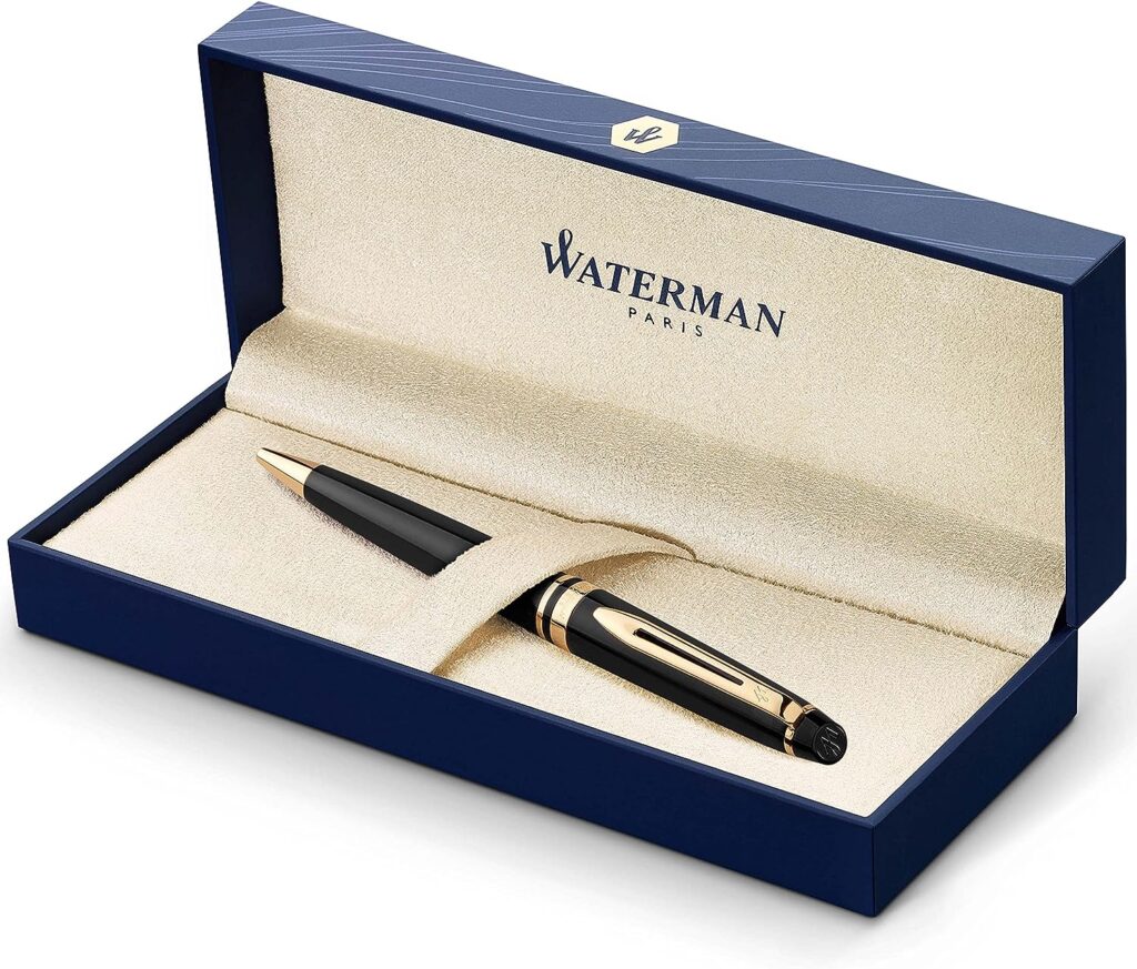 Waterman Expert Ballpoint Pen Black with golden trim Medium Tip Blue Ink Gift Box