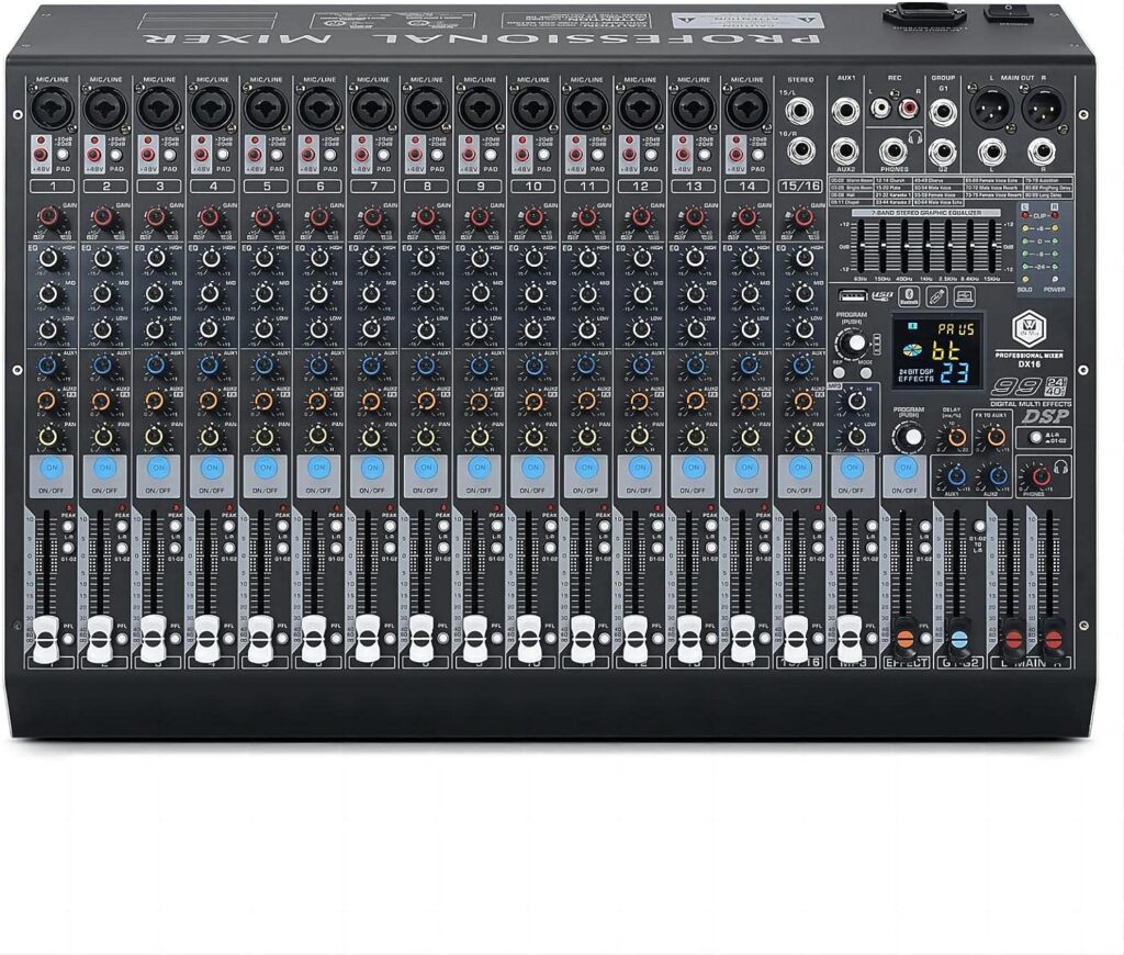 Best Home Studio Mixer - INMix DX16 Professional DJ Audio Mixer 16 Channel with 99 DSP Effects,7-band EQ,Independent 48V Phantom PowerMute Button,Bluetooth Function,USB Interface Recording For Studio  Stage