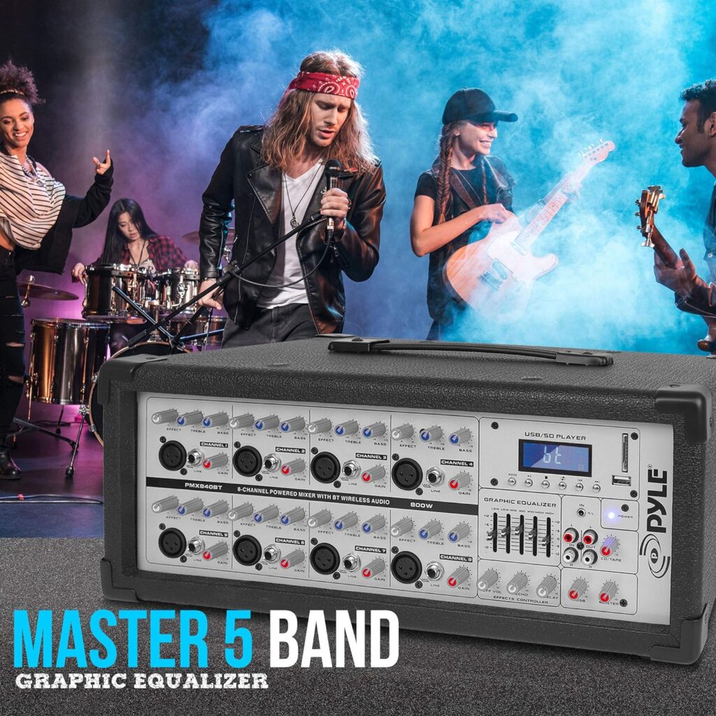 Pyle 8-Ch. Bluetooth Stage Powered Mixer - 800W Pro Audio Sound Mixer, MP3/USB/SD Readers, Aux(3.5mm) Input, RCA  1/4 Effects Loop Connectors, Digital LCD Display, Built-in Cooling Fan - PMX840BT