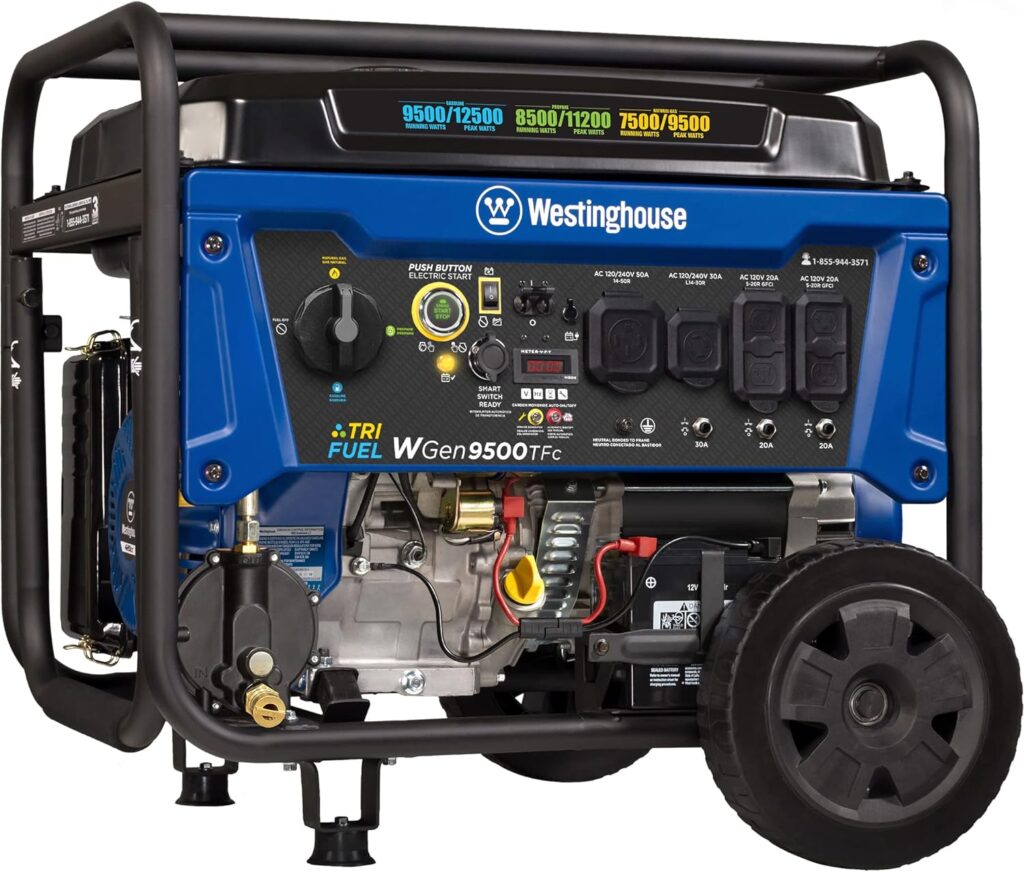 Best Portable Natural Gas Generator For Home - Westinghouse Outdoor Power Equipment 12500 Peak Watt Tri-Fuel Home Backup Portable Generator, Remote Electric Start, Transfer Switch Ready, Gas, Propane, and Natural Gas Powered, CARB Compliant,Blue