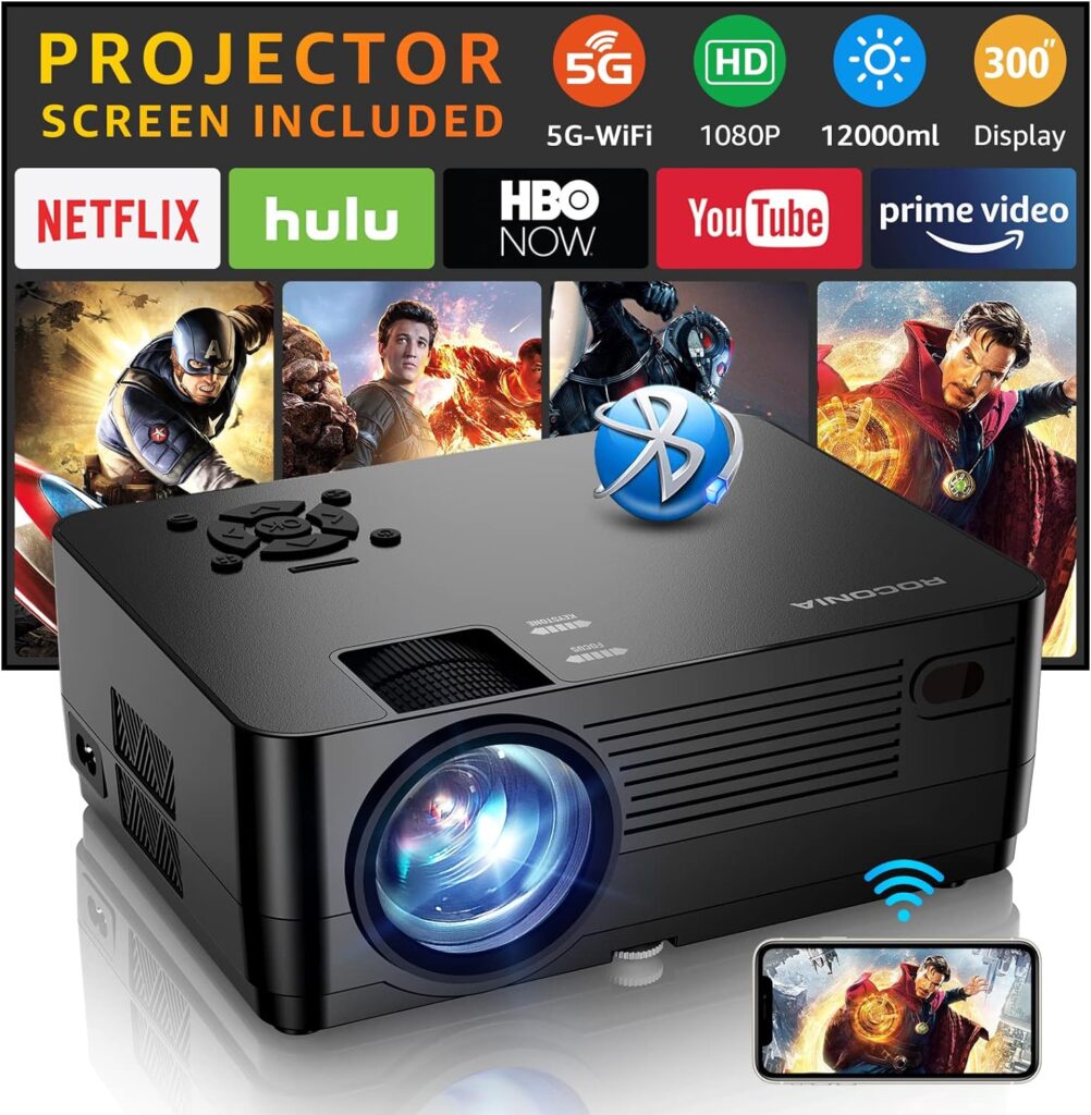 5G WiFi Bluetooth Native 1080P Projector[Projector Screen Included], Roconia 12000LM Full HD Movie Projector, 300 Display Support 4k Home Theater,Compatible with iOS/Android/XBox/PS4/TV Stick/HDMI