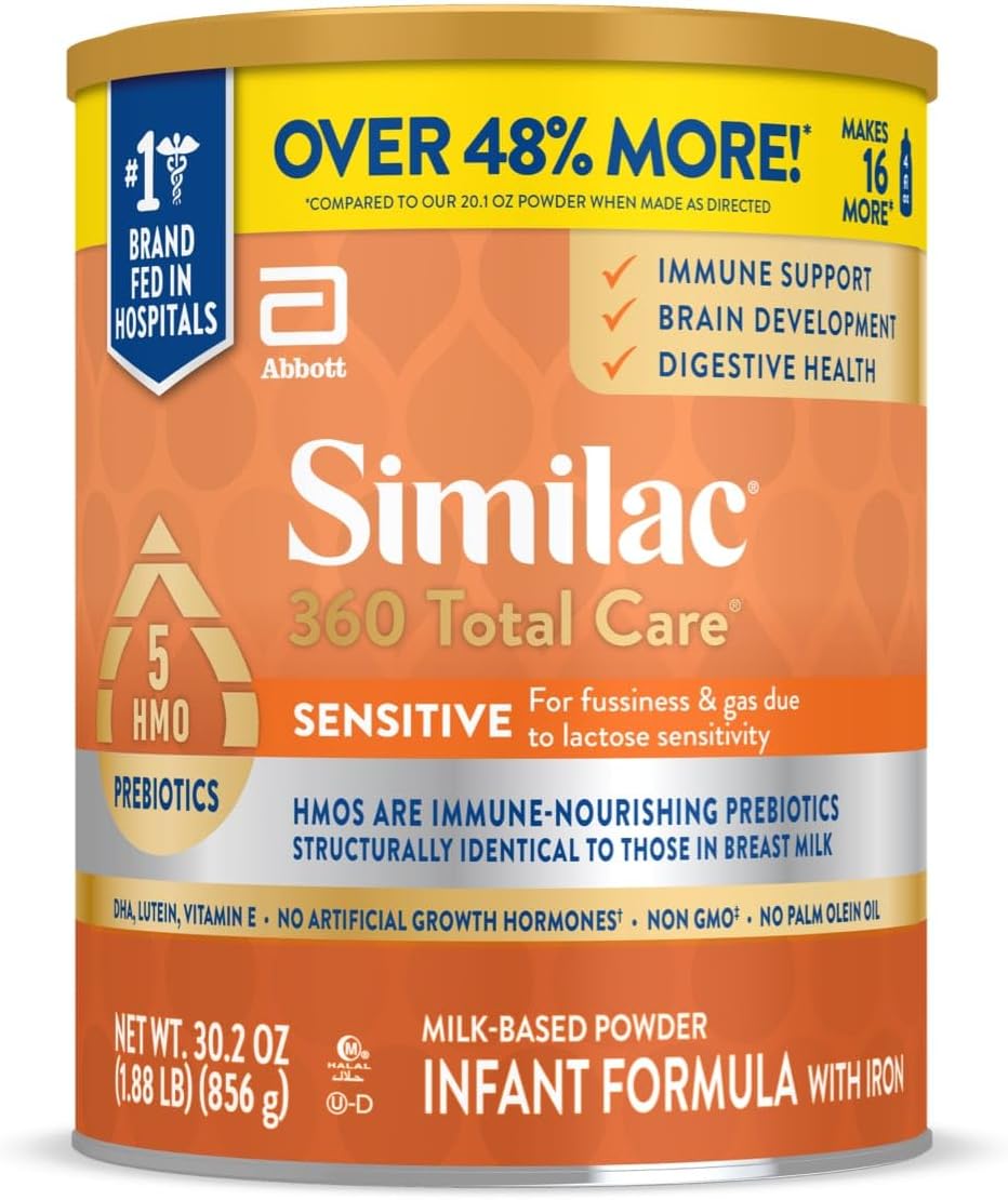 Similac 360 Total Care Sensitive Infant Formula, with 5 HMO Prebiotics, for Fussiness  Gas Due to Lactose Sensitivity, Non-GMO, Baby Formula Powder, 30.2-oz Can (Pack of 1)