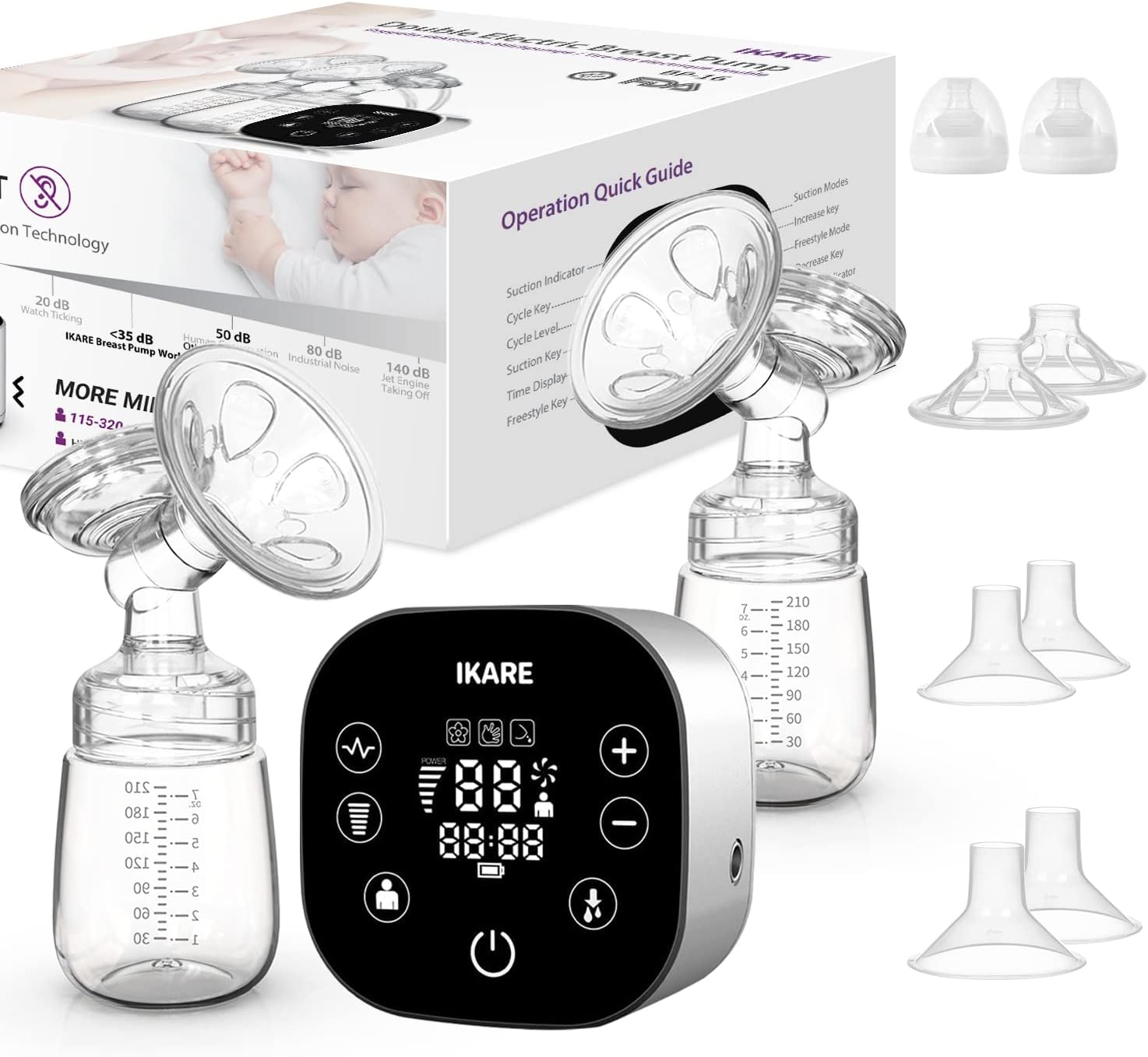 IKARE Hospital Grade Double Electric Breast Pumps for Travel  Home Free-Style, 6 Modes  150 Levels  3 Size Flanges, Touchscreen LED Display, Pain Free Portable, Super Quiet