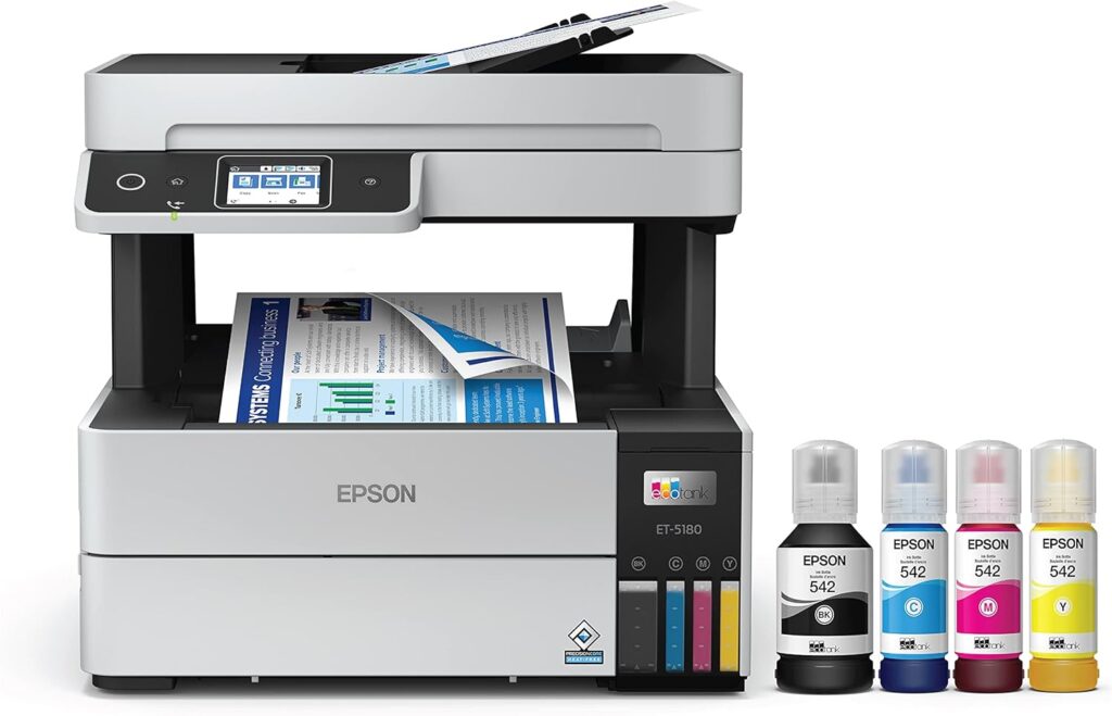 Epson EcoTank Pro ET-5180 Wireless Color All-in-One Supertank Printer with Scanner, Copier, Fax Plus Auto Document Feeder and PCL/Postscript, White, Large