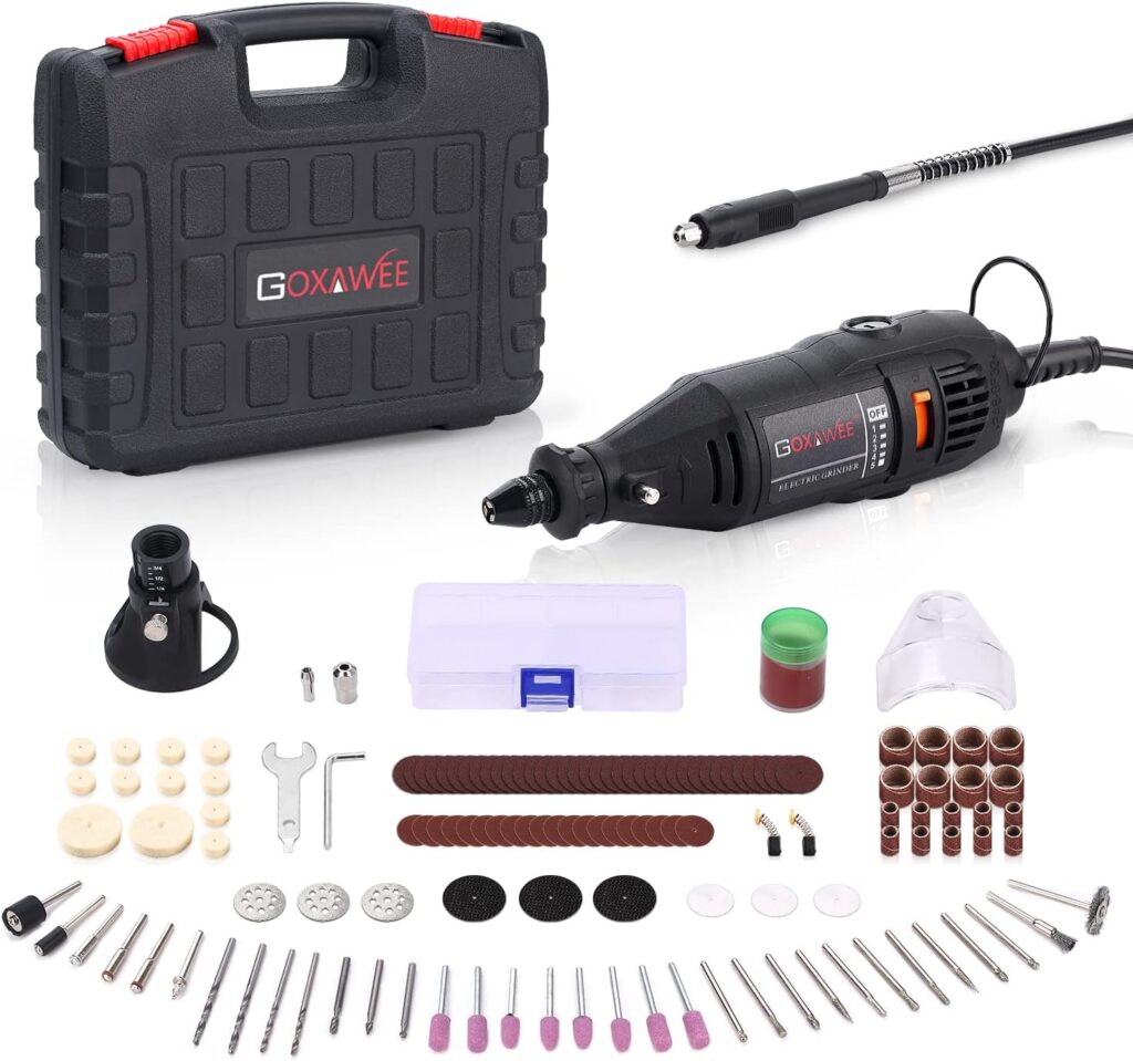 GOXAWEE Rotary Tool Kit with MultiPro Keyless Chuck and Flex Shaft -140pcs Accessories Variable Speed Electric Drill Set for Handmade Crafting Projects and DIY Creations