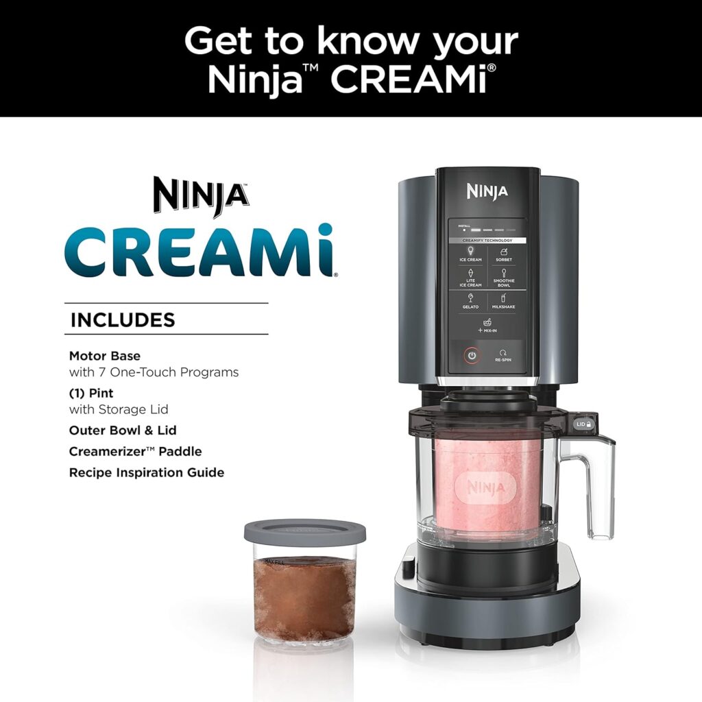 Ninja NC299AMZ CREAMi Ice Cream Maker, for Gelato, Mix-ins, Milkshakes, Sorbet, Smoothie Bowls  More, 7 One-Touch Programs, with (1) Pint Container  Lid, Compact Size, Perfect for Kids, Matte Black