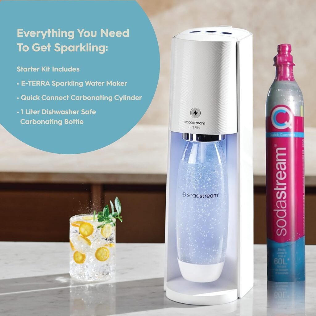 SodaStream E-TERRA Sparkling Water Maker Bundle (Black), with CO2, Carbonating Bottles, and bubly Drops Flavors