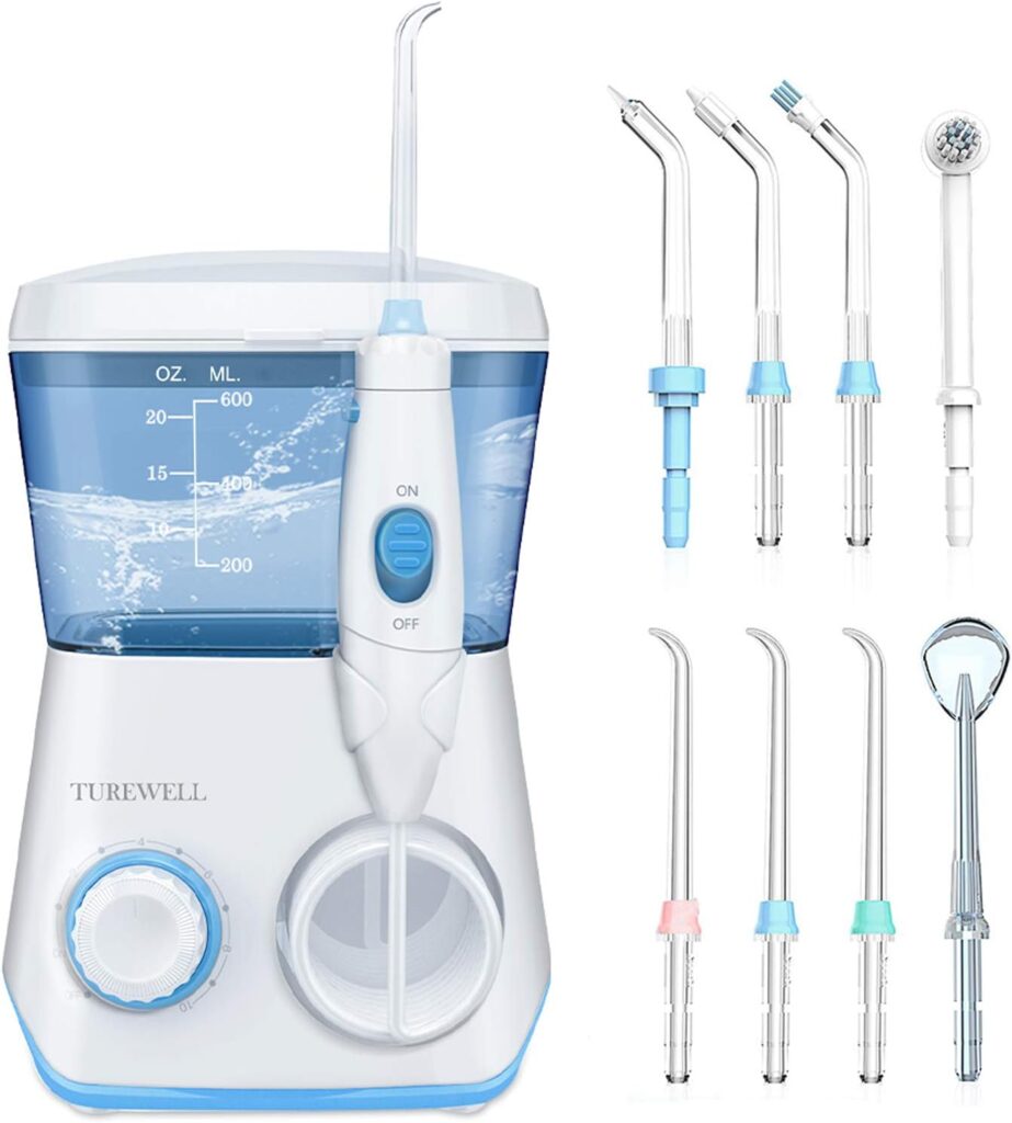 Best Teeth Cleaning Tools For Home Use - TUREWELL Water Flossing Oral Irrigator, 600ML Dental Cleaner 10 Adjustable Pressure, Electric Oral Flosser for Teeth/Braces, 8 Water Jet Tips for Family (White)