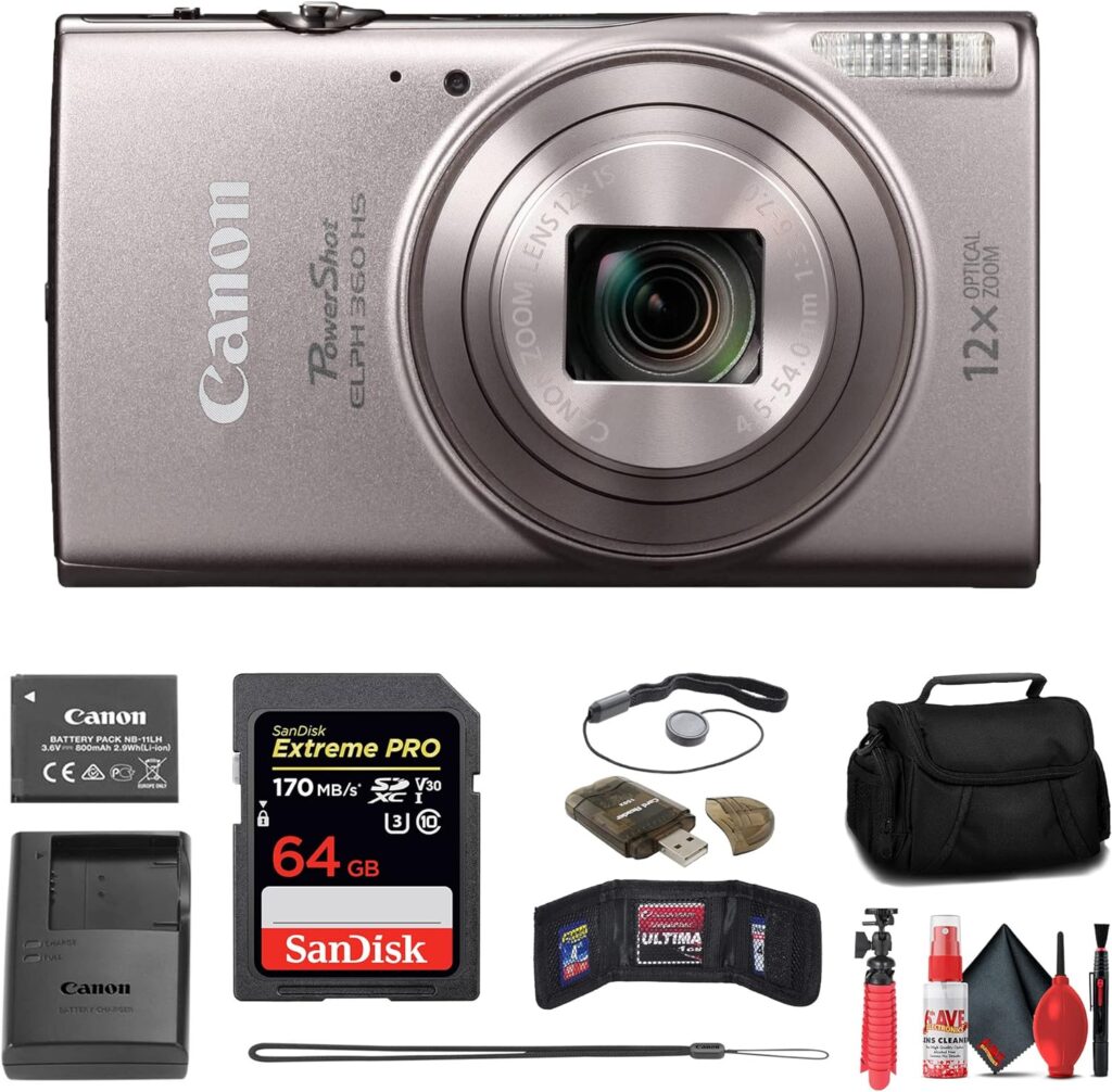 Canon Power-Shot ELPH 360 HS Digital Camera (Silver) (1078C001) + 64GB Card + Case + Card Reader + Flexible Tripod + Memory Wallet + Cap Keeper + Cleaning Kit (10 Items) (Renewed)