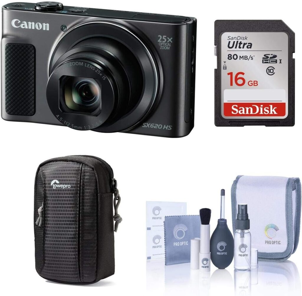 Canon PowerShot SX620 HS Digital Camera, Black - Bundle with Camera Case, 16GB SDHC Card, Cleaning Kit